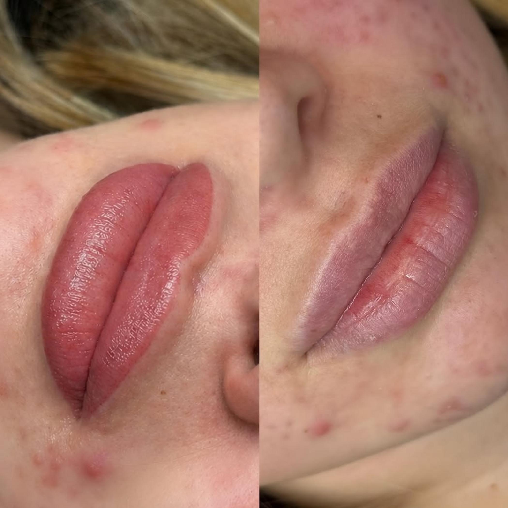 close up healed lip tattoo detail
